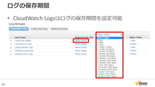 39
ログの保存期間
• CloudWatch Logsはログの保存期間を設定可能
 