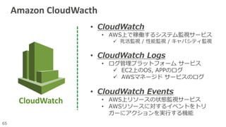 65
• CloudWatch
• AWS上で稼働するシステム監視サービス
 死活監視 / 性能監視 / キャパシティ監視
• CloudWatch Logs
• ログ管理プラットフォーム サービス
 EC2上のOS, APPのログ
 A...