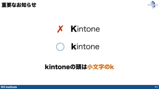 R3 institute
重要なお知らせ
11
Kintone
kintone
✗
⃝
kintoneの頭は小文字のk
 