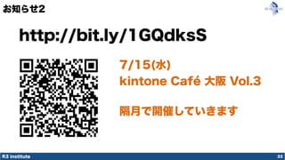 R3 institute
お知らせ2
33
http://bit.ly/1GQdksS
7/15(水)
kintone Café 大阪 Vol.3
隔月で開催していきます
 