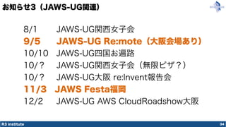 R3 institute
お知らせ3（JAWS-UG関連）
34
8/1   JAWS-UG関西女子会
9/5   JAWS-UG Re:mote（大阪会場あり）
10/10 JAWS-UG四国お遍路
10/？  JAWS-UG関西女子会（無限ピザ？）
10/？  JAWS-UG大阪 re:Invent報告会
11/3 JAWS Festa福岡
12/2 JAWS-UG AWS CloudRoadshow大阪
 