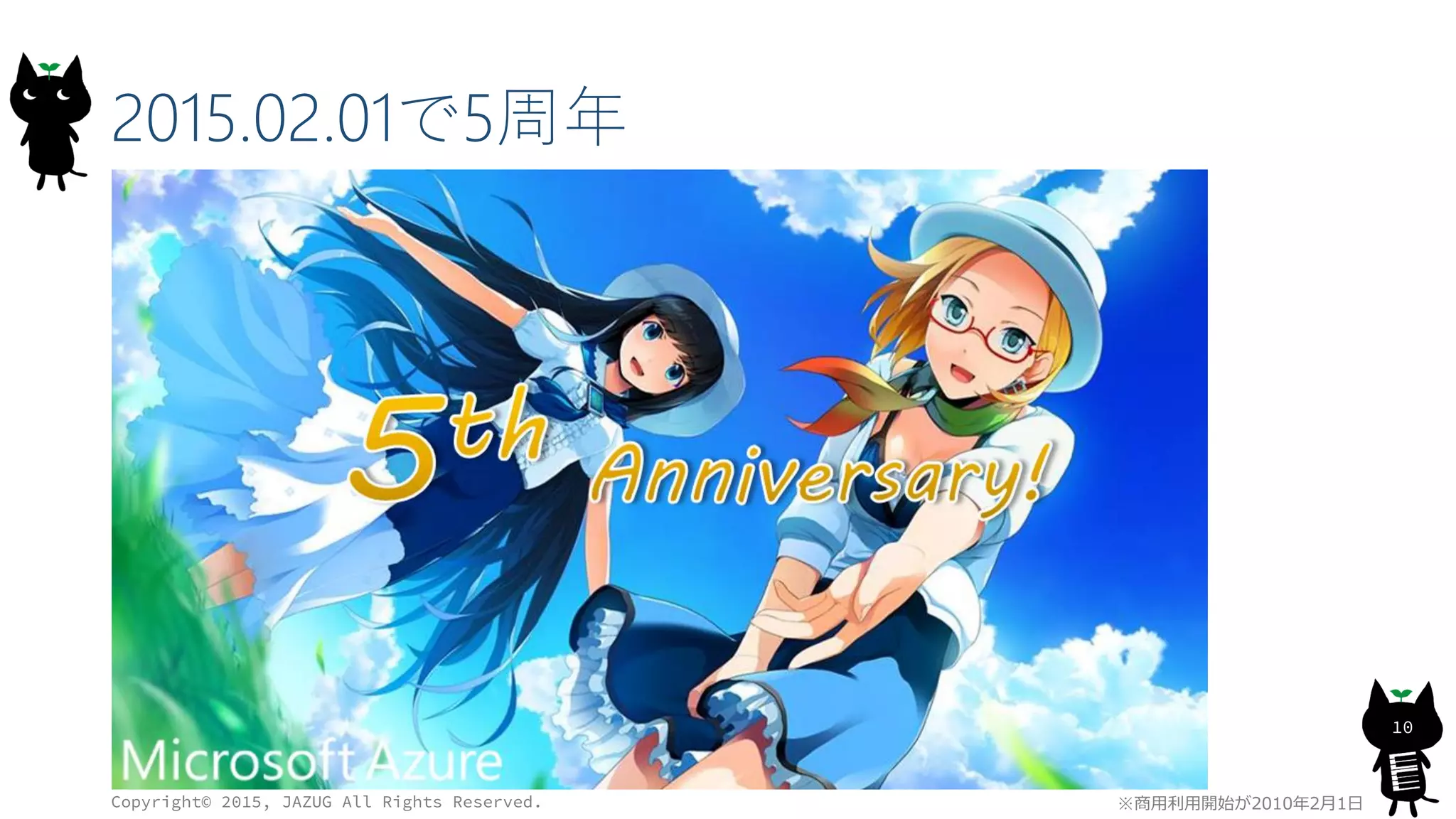 2015.02.01で5周年
Copyright© 2015, JAZUG All Rights Reserved.
10
※商用利用開始が2010年2月1日
 