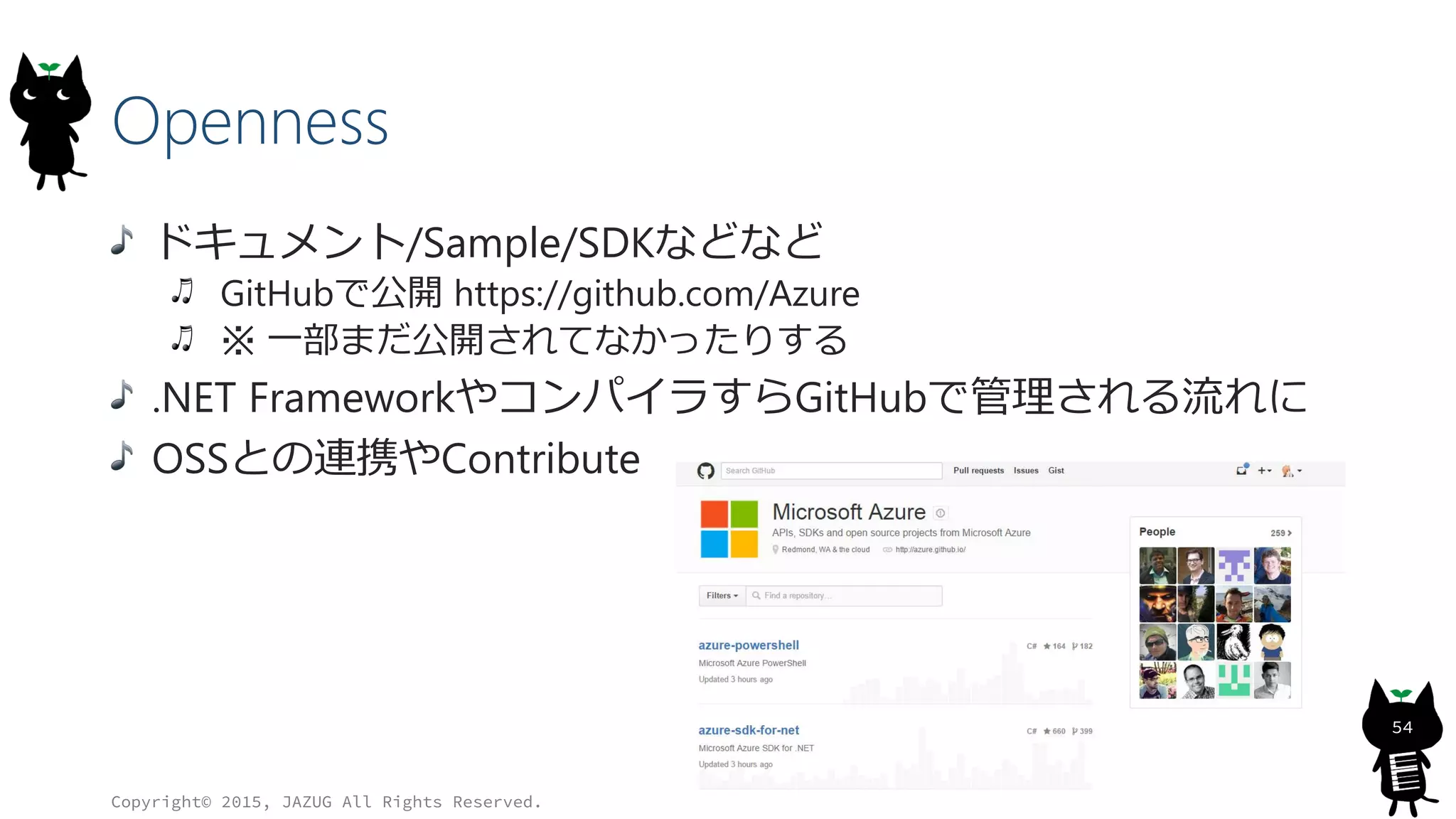 Openness
ドキュメント/Sample/SDKなどなど
GitHubで公開 https://github.com/Azure
※ 一部まだ公開されてなかったりする
.NET FrameworkやコンパイラすらGitHubで管理される流れに
OSSとの連携やContribute
Copyright© 2015, JAZUG All Rights Reserved.
54
 