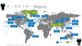 データセンター (Region)
Copyright© 2015, JAZUG All Rights Reserved.
11
利用可 予定
Canada
Quebec
Canada
Toronto
 