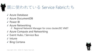 既に使われている Service Fabricたち
Azure Database
Azure DocumentDB
Power BI
Azure Networking
Regional Network Manager for cross cluster/DC VNET
Azure Compute and Networking
Event Hubs / Service Bus
Intune
Bing Cortana
Copyright© 2015, JAZUG All Rights Reserved.
22
 