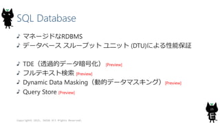 SQL Database
マネージドなRDBMS
データベース スループット ユニット (DTU)による性能保証
TDE（透過的データ暗号化） [Preview]
フルテキスト検索 [Preview]
Dynamic Data Masking（動的データマスキング）[Preview]
Query Store [Preview]
Copyright© 2015, JAZUG All Rights Reserved.
25
 