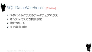 SQL Data Warehouse [Preview]
ペタバイトクラスのデータウェアハウス
オンプレミスでも提供予定
SQLサポート
停止/復帰可能
Copyright© 2015, JAZUG All Rights Reserved.
27
 