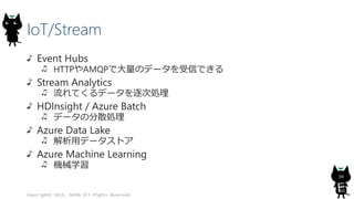 IoT/Stream
Event Hubs
HTTPやAMQPで大量のデータを受信できる
Stream Analytics
流れてくるデータを逐次処理
HDInsight / Azure Batch
データの分散処理
Azure Data Lake
解析用データストア
Azure Machine Learning
機械学習
Copyright© 2015, JAZUG All Rights Reserved.
30
 