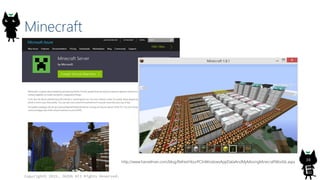 Minecraft
Copyright© 2015, JAZUG All Rights Reserved.
38
http://www.hanselman.com/blog/RefreshYourPCInWindowsAppDataAndMyMissingMinecraftWorlds.aspx
 