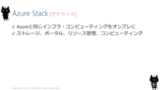 Azure Stack [アナウンス]
Azureと同じインフラ・コンピューティングをオンプレに
ストレージ、ポータル、リソース管理、コンピューティング
Copyright© 2015, JAZUG All Rights Reserved.
40
 