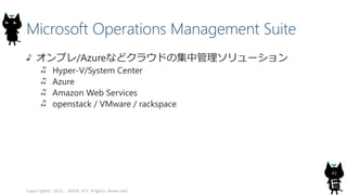 Microsoft Operations Management Suite
オンプレ/Azureなどクラウドの集中管理ソリューション
Hyper-V/System Center
Azure
Amazon Web Services
openstack / VMware / rackspace
Copyright© 2015, JAZUG All Rights Reserved.
42
 