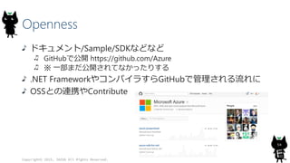 Openness
ドキュメント/Sample/SDKなどなど
GitHubで公開 https://github.com/Azure
※ 一部まだ公開されてなかったりする
.NET FrameworkやコンパイラすらGitHubで管理される流れに
OSSとの連携やContribute
Copyright© 2015, JAZUG All Rights Reserved.
54
 
