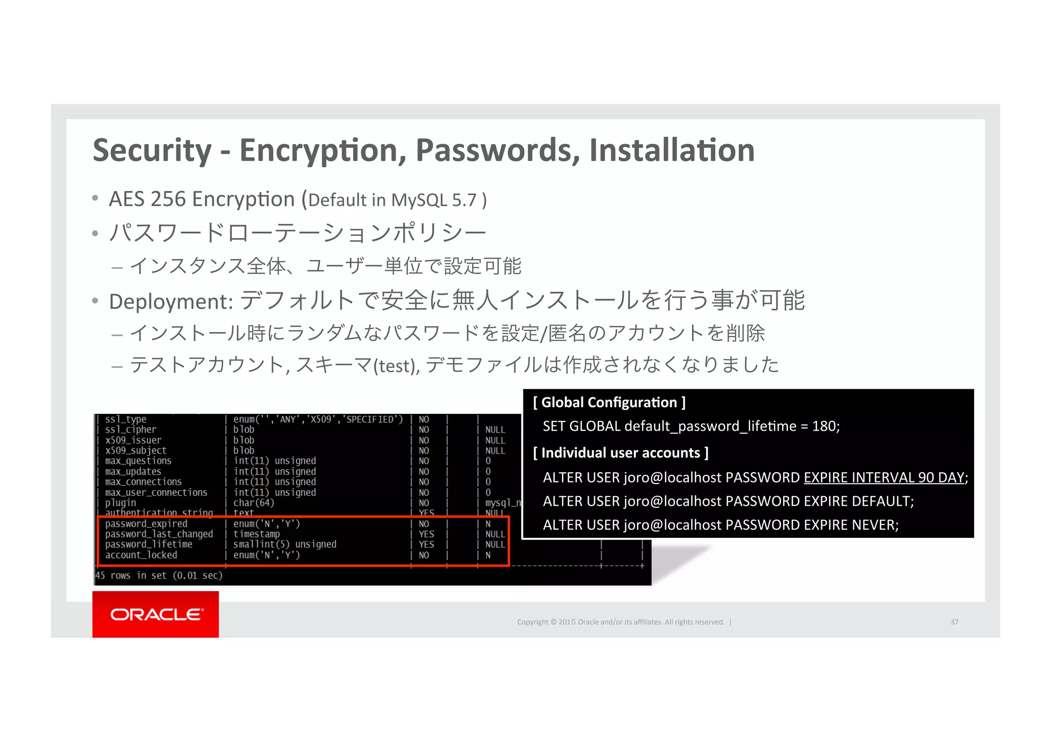 Copyright	
  ©	
  201５	
  Oracle	
  and/or	
  its	
  aﬃliates.	
  All	
  rights	
  reserved.	
  	
  |	
  
Security	
  -­‐	
  EncrypPon,	
  Passwords,	
  InstallaPon	
  
•  AES	
  256	
  EncrypIon	
  (Default	
  in	
  MySQL	
  5.7	
  )	
  
•  パスワードローテーションポリシー	
  
–  インスタンス全体、ユーザー単位で設定可能	
  
•  Deployment:	
  デフォルトで安全に無人インストールを行う事が可能	
  
–  インストール時にランダムなパスワードを設定/匿名のアカウントを削除	
  
–  テストアカウント,	
  スキーマ(test),	
  デモファイルは作成されなくなりました	
  
37	
  
　[	
  Global	
  ConﬁguraPon	
  ]	
  
SET	
  GLOBAL	
  default_password_lifeIme	
  =	
  180;	
  
　[	
  Individual	
  user	
  accounts	
  ]	
  
ALTER	
  USER	
  joro@localhost	
  PASSWORD	
  EXPIRE	
  INTERVAL	
  90	
  DAY;	
  
ALTER	
  USER	
  joro@localhost	
  PASSWORD	
  EXPIRE	
  DEFAULT;	
  
ALTER	
  USER	
  joro@localhost	
  PASSWORD	
  EXPIRE	
  NEVER;	
  
 