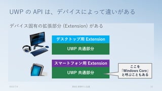 デバイス固有の拡張部分 (Extension) がある
UWP の API は、デバイスによって違いがある
2015/7/4 第8回 業開中心会議 13
UWP 共通部分
デスクトップ用 Extension
スマートフォン用 Extension
UWP 共通部分
ここを
「Windows Core」
と呼ぶこともある
 