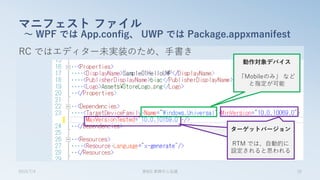 RC ではエディター未実装のため、手書き
マニフェスト ファイル
～ WPF では App.config、 UWP では Package.appxmanifest
2015/7/4 第8回 業開中心会議 33
動作対象デバイス
「Mobileのみ」 など
と指定が可能
ターゲットバージョン
RTM では、自動的に
設定されると思われる
ターゲットバージョン
RTM では、自動的に
設定されると思われる
 