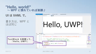 UI は XAML で。
書き方は、WPF と
ほぼ同じ
"Hello, world!"
～ WPF に慣れていれば楽勝♪
2015/7/4 第8回 業開中心会議 35
T e x t B l o c k を 配 置 し て 、
「 H e l l o , U W P ! 」
 