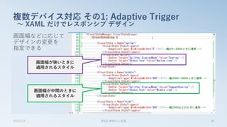 画面幅などに応じて
デザインの変更を
指定できる
複数デバイス対応 その1: Adaptive Trigger
～ XAML だけでレスポンシブ デザイン
2015/7/4 第8回 業開中心会議 38
画面幅が狭いときに
適用されるスタイル
画面幅が中間のときに
適用されるスタイル
 