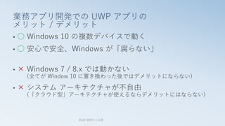 業務アプリ開発での UWP アプリの
メリット / デメリット
• ○ Windows 10 の複数デバイスで動く
• ○ 安心で安全、Windows が「腐らない」
• × Windows 7 / 8.x では動かない
(全てが Window 10 に置き換わった後ではデメリットにならない)
• × システム アーキテクチャが不自由
(「クラウド型」アーキテクチャが使えるならデメリットにはならない)
第8回 業開中心会議
 