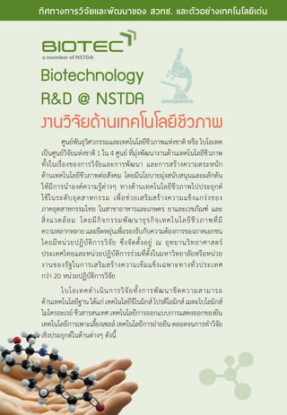 Biotechnology
RD @ NSTDA
งานวิจัยด้านเทคโนโลยีชีวภาพ
		 ศูนย์พันธุวิศวกรรมและเทคโนโลยีชีวภาพแห่งชาติ หรือไบโอเทค                                                
เป็นศูนย์วิจัยแห่งชาติ 1 ใน 4 ศูนย์ ที่มุ่งพัฒนางานด้านเทคโนโลยีชีวภาพ
ทั้งในเรื่องของการวิจัยและการพัฒนา และการสร้างความตระหนัก
ด้านเทคโนโลยีชีวภาพต่อสังคม โดยมีนโยบายมุ่งสนับสนุนและผลักดัน
ให้มีการนำ�องค์ความรู้ต่างๆ ทางด้านเทคโนโลยีชีวภาพไปประยุกต์
ใช้ในระดับอุตสาหกรรม เพื่อช่วยเสริมสร้างความแข็งแกร่งของ
ภาคอุตสาหกรรมไทย ในสาขาอาหารและเกษตร ยาและเวชภัณฑ์ และ
สิ่งแวดล้อม โดยมีกิจกรรมพัฒนาธุรกิจเทคโนโลยีชีวภาพที่มี
ความหลากหลายและยืดหยุ่นเพื่อรองรับกับความต้องการของภาคเอกชน
โดยมีหน่วยปฏิบัติการวิจัย ซึ่งจัดตั้งอยู่ ณ อุทยานวิทยาศาสตร์
ประเทศไทยและหน่วยปฏิบัติการร่วมที่ตั้งในมหาวิทยาลัยหรือหน่วย
งานของรัฐในการเสริมสร้างความเข้มแข็งเฉพาะทางทั่วประเทศ                                                                                                                          
กว่า 20 หน่วยปฏิบัติการวิจัย
		 ไบโอเทคดำ�เนินการวิจัยทั้งการพัฒนาขีดความสามารถ
ด้านเทคโนโลยีฐานได้แก่เทคโนโลยีจีโนมิกส์โปรตีโอมิกส์เมตะโบโลมิกส์
ไมโครอะเรย์ชีวสารสนเทศเทคโนโลยีการออกแบบการแสดงออกของยีน
เทคโนโลยีการเพาะเลี้ยงเซลล์ เทคโนโลยีการถ่ายยีน ตลอดจนการทำ�วิจัย
เชิงประยุกต์ในด้านต่างๆ ดังนี้
8 The Power of RD
ทิศทางการวิจัยและพัฒนาของ สวทช. และตัวอย่างเทคโนโลยีเด่น
 