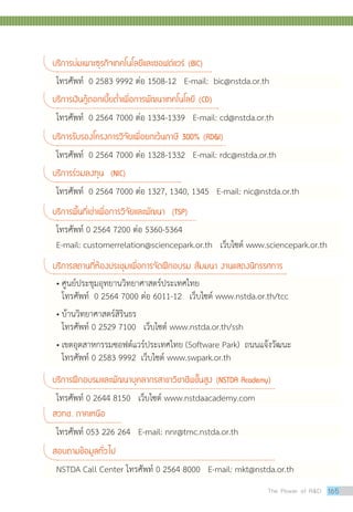 The Power of RD 165
บริการสถานที่ห้องประชุมเพื่อการจัดฝึกอบรม สัมมนา งานแสดงนิทรรศการ
บริการพื้นที่เช่าเพื่อการวิจัยและพัฒนา (TSP)
บริการบ่มเพาะธุรกิจเทคโนโลยีและซอฟต์แวร์ (BIC)
บริการเงินกู้ดอกเบี้ยต�่ำเพื่อการพัฒนาเทคโนโลยี (CD)
บริการรับรองโครงการวิจัยเพื่อยกเว้นภาษี 300% (RDI)
บริการร่วมลงทุน (NIC)
บริการฝึกอบรมและพัฒนาบุคลากรสาขาวิชาชีพขั้นสูง (NSTDA Academy)
สวทช. ภาคเหนือ
สอบถามข้อมูลทั่วไป
• ศูนย์ประชุมอุทยานวิทยาศาสตร์ประเทศไทย  
  โทรศัพท์  0 2564 7000 ต่อ 6011-12   เว็บไซต์ www.nstda.or.th/tcc
• บ้านวิทยาศาสตร์สิรินธร
  โทรศัพท์ 0 2529 7100   เว็บไซต์ www.nstda.or.th/ssh
• เขตอุตสาหกรรมซอฟต์แวร์ประเทศไทย (Software Park)  ถนนแจ้งวัฒนะ
  โทรศัพท์ 0 2583 9992  เว็บไซต์ www.swpark.or.th
โทรศัพท์ 0 2564 7200 ต่อ 5360-5364
E-mail: customerrelation@sciencepark.or.th   เว็บไซต์ www.sciencepark.or.th
โทรศัพท์  0 2583 9992 ต่อ 1508-12   E-mail:  bic@nstda.or.th
โทรศัพท์  0 2564 7000 ต่อ 1334-1339   E-mail: cd@nstda.or.th
โทรศัพท์  0 2564 7000 ต่อ 1328-1332   E-mail: rdc@nstda.or.th
โทรศัพท์  0 2564 7000 ต่อ 1327, 1340, 1345   E-mail: nic@nstda.or.th
โทรศัพท์ 0 2644 8150   เว็บไซต์ www.nstdaacademy.com
โทรศัพท์ 053 226 264   E-mail: nnr@tmc.nstda.or.th
NSTDA Call Center โทรศัพท์ 0 2564 8000   E-mail: mkt@nstda.or.th
 