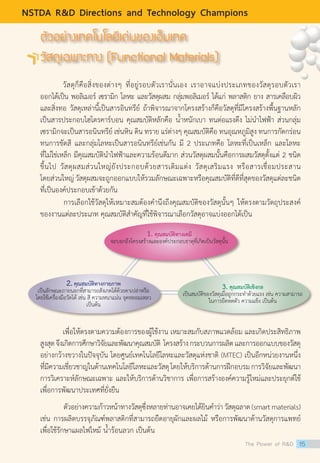 ตัวอย่างเทคโนโลยีเด่นของเอ็มเทค
วัสดุเฉพาะทาง (Functional Materials)
วัสดุก็คือสิ่งของต่างๆ ที่อยู่รอบตัวเรานั่นเอง เราอาจแบ่งประเภทของวัสดุรอบตัวเรา
ออกได้เป็น พอลิเมอร์ เซรามิก โลหะ และวัสดุผสม กลุ่มพอลิเมอร์ ได้แก่ พลาสติก ยาง สารเคลือบผิว
และสิ่งทอ วัสดุเหล่านี้เป็นสารอินทรีย์ ถ้าพิจารณาจากโครงสร้างก็คือวัสดุที่มีโครงสร้างพื้นฐานหลัก
เป็นสารประกอบไฮโดรคาร์บอน คุณสมบัติหลักคือ น้ำ�หนักเบา ทนต่อแรงดึง ไม่นำ�ไฟฟ้า ส่วนกลุ่ม
เซรามิกจะเป็นสารอนินทรีย์ เช่นหิน ดิน ทราย แร่ต่างๆ คุณสมบัติคือ ทนอุณหภูมิสูง ทนการกัดกร่อน
ทนการขัดสี และกลุ่มโลหะเป็นสารอนินทรีย์เช่นกัน มี 2 ประเภทคือ โลหะที่เป็นเหล็ก และโลหะ
ที่ไม่ใช่เหล็ก มีคุณสมบัตินำ�ไฟฟ้าและความร้อนดีมาก ส่วนวัสดุผสมนั้นคือการผสมวัสดุตั้งแต่ 2 ชนิด                               
ขึ้นไป วัสดุผสมส่วนใหญ่ยังประกอบด้วยสารเติมแต่ง วัสดุเสริมแรง หรือสารเชื่อมประสาน
โดยส่วนใหญ่ วัสดุผสมจะถูกออกแบบให้รวมลักษณะเฉพาะหรือคุณสมบัติที่ดีที่สุดของวัสดุแต่ละชนิด
ที่เป็นองค์ประกอบเข้าด้วยกัน
	 การเลือกใช้วัสดุให้เหมาะสมต้องคำ�นึงถึงคุณสมบัติของวัสดุนั้นๆ ให้ตรงตามวัตถุประสงค์
ของงานแต่ละประเภท คุณสมบัติสำ�คัญที่ใช้พิจารณาเลือกวัสดุอาจแบ่งออกได้เป็น
เพื่อให้ตรงตามความต้องการของผู้ใช้งาน เหมาะสมกับสภาพแวดล้อม และเกิดประสิทธิภาพ
สูงสุดจึงเกิดการศึกษาวิจัยและพัฒนาคุณสมบัติ  โครงสร้างกระบวนการผลิตและการออกแบบของวัสดุ
อย่างกว้างขวางในปัจจุบัน โดยศูนย์เทคโนโลยีโลหะและวัสดุแห่งชาติ (MTEC) เป็นอีกหน่วยงานหนึ่ง
ที่มีความเชี่ยวชาญในด้านเทคโนโลยีโลหะและวัสดุโดยให้บริการด้านการฝึกอบรมการวิจัยและพัฒนา
การวิเคราะห์ลักษณะเฉพาะ และให้บริการด้านวิชาการ เพื่อการสร้างองค์ความรู้ใหม่และประยุกต์ใช้
เพื่อการพัฒนาประเทศที่ยั่งยืน
	 ตัวอย่างความก้าวหน้าทางวัสดุซึ่งหลายท่านอาจเคยได้ยินคำ�ว่าวัสดุฉลาด(smartmaterials)
เช่น การผลิตบรรจุภัณฑ์พลาสติกที่สามารถยืดอายุผักและผลไม้ หรือการพัฒนาด้านวัสดุการแพทย์
เพื่อใช้รักษาแผลไฟไหม้ น้ำ�ร้อนลวก เป็นต้น
2. คุณสมบัติทางกายภาพ
เป็นลักษณะภายนอกที่สามารถสังเกตได้ด้วยตาเปล่าหรือ
โดยใช้เครื่องมือวัดได้ เช่น สี ความหนาแน่น จุดหลอมเหลว
เป็นต้น
3. คุณสมบัติเชิงกล
เป็นสมบัติของวัสดุเมื่อถูกกระทำ�ด้วยแรง เช่น ความสามารถ
ในการยืดหดตัว ความแข็ง เป็นต้น
1. คุณสมบัติทางเคมี
จะบอกถึงโครงสร้างและองค์ประกอบธาตุที่เกิดเป็นวัสดุนั้น
The Power of RD 15
NSTDA RD Directions and Technology Champions
 