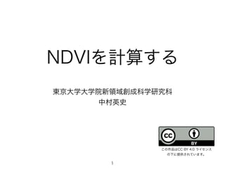 NDVIを計算する
東京大学大学院新領域創成科学研究科
中村英史
この作品はCC BY 4.0 ライセンス
の下に提供されています。
1
 