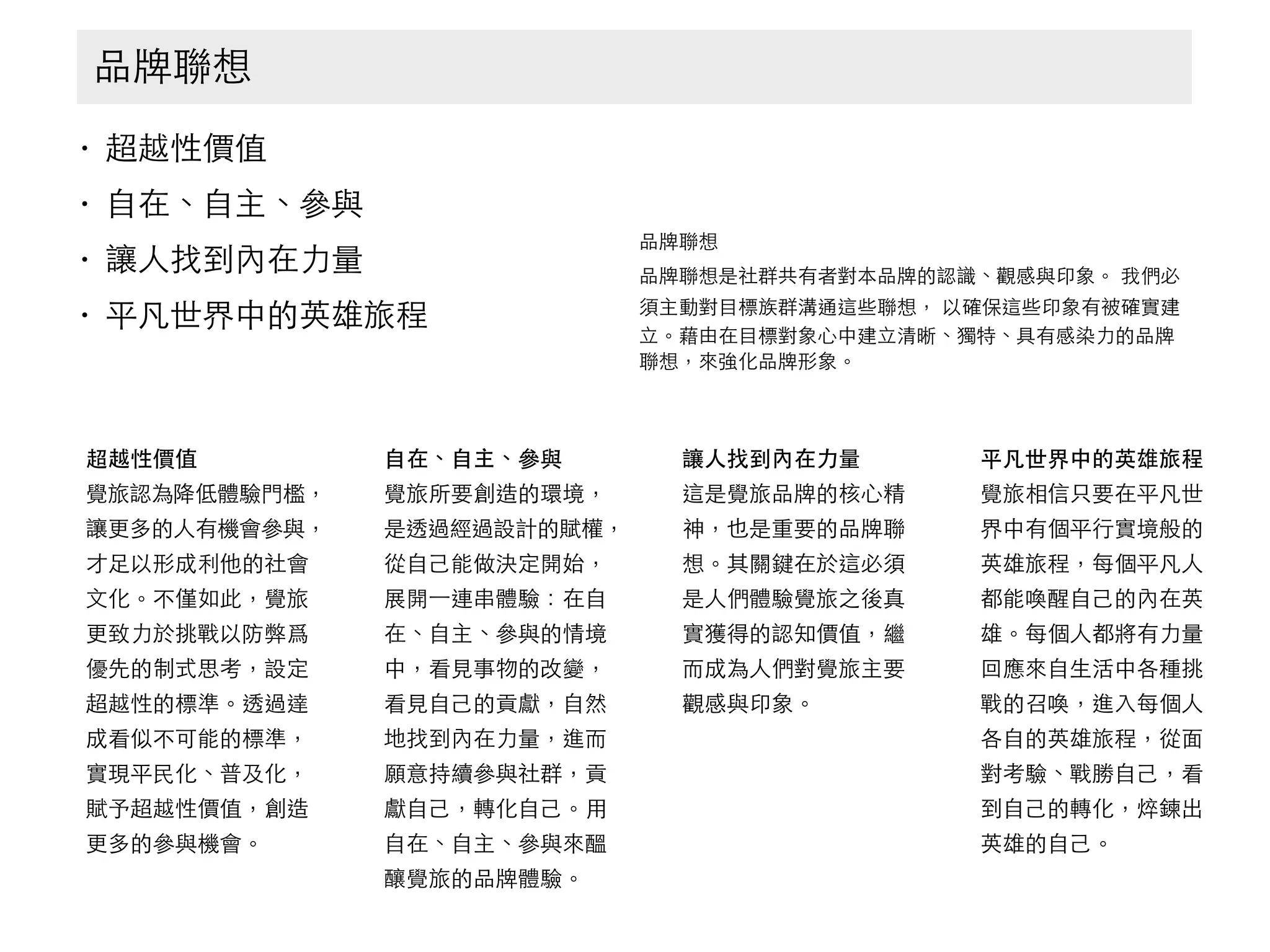 • 超越性價值
• ⾃自在、⾃自主、參與
• 讓⼈人找到內在⼒力量
• 平凡世界中的英雄旅程
品牌聯想
超越性價值
覺旅認為降低體驗⾨門檻，
讓更多的⼈人有機會參與，
才⾜足以形成利他的社會
⽂文化。不僅如此，覺旅
更致⼒力於挑戰以防弊爲
優先的制式思考，設定
超越性的標準。透過達
成看似不可能的標準，
實現平⺠民化、普及化，
賦予超越性價值，創造
更多的參與機會。
⾃自在、⾃自主、參與
覺旅所要創造的環境，
是透過經過設計的賦權，
從⾃自⼰己能做決定開始，
展開⼀一連串體驗：在⾃自
在、⾃自主、參與的情境
中，看⾒見事物的改變，
看⾒見⾃自⼰己的貢獻，⾃自然
地找到內在⼒力量，進⽽而
願意持續參與社群，貢
獻⾃自⼰己，轉化⾃自⼰己。⽤用
⾃自在、⾃自主、參與來醞
釀覺旅的品牌體驗。
讓⼈人找到內在⼒力量
這是覺旅品牌的核⼼心精
神，也是重要的品牌聯
想。其關鍵在於這必須
是⼈人們體驗覺旅之後真
實獲得的認知價值，繼
⽽而成為⼈人們對覺旅主要
觀感與印象。
平凡世界中的英雄旅程
覺旅相信只要在平凡世
界中有個平⾏行實境般的
英雄旅程，每個平凡⼈人
都能喚醒⾃自⼰己的內在英
雄。每個⼈人都將有⼒力量
回應來⾃自⽣生活中各種挑
戰的召喚，進⼊入每個⼈人
各⾃自的英雄旅程，從⾯面
對考驗、戰勝⾃自⼰己，看
到⾃自⼰己的轉化，焠鍊出
英雄的⾃自⼰己。
品牌聯想
品牌聯想是社群共有者對本品牌的認識、觀感與印象。 我們必
須主動對⺫⽬目標族群溝通這些聯想， 以確保這些印象有被確實建
⽴立。藉由在⺫⽬目標對象⼼心中建⽴立清晰、獨特、具有感染⼒力的品牌
聯想，來強化品牌形象。
 