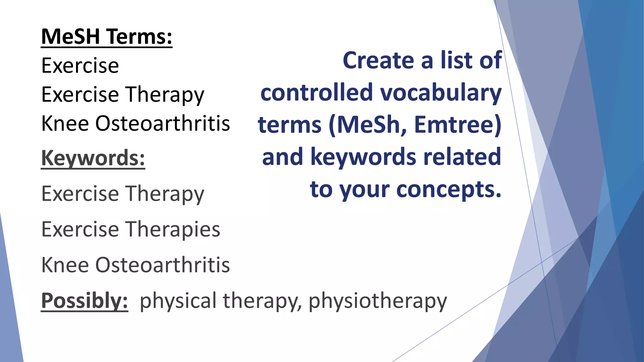 Keywords:
Exercise Therapy
Exercise Therapies
Knee Osteoarthritis
Possibly: physical therapy, physiotherapy
MeSH Terms:
Exercise
Exercise Therapy
Knee Osteoarthritis
Create a list of
controlled vocabulary
terms (MeSh, Emtree)
and keywords related
to your concepts.
 