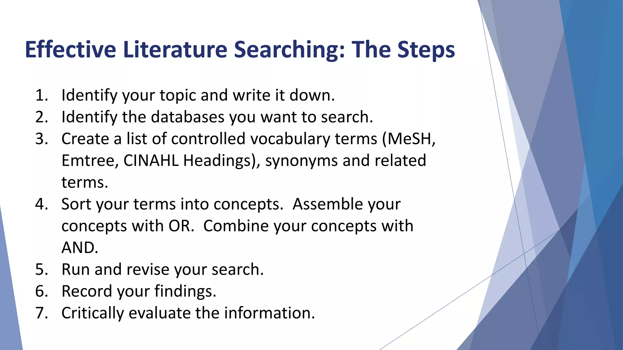 1. Identify your topic and write it down.
2. Identify the databases you want to search.
3. Create a list of controlled vocabulary terms (MeSH,
Emtree, CINAHL Headings), synonyms and related
terms.
4. Sort your terms into concepts. Assemble your
concepts with OR. Combine your concepts with
AND.
5. Run and revise your search.
6. Record your findings.
7. Critically evaluate the information.
Effective Literature Searching: The Steps
 