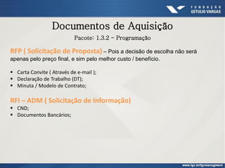 Documentos de Aquisição
Pacote: 1.3.2 - Programação
RFP ( Solicitação de Proposta) – Pois a decisão de escolha não será
apenas pelo preço final, e sim pelo melhor custo / benefício.
 Carta Convite ( Através de e-mail );
 Declaração de Trabalho (DT);
 Minuta / Modelo de Contrato;
RFI – ADM ( Solicitação de Informação)
 CND;
 Documentos Bancários;
 