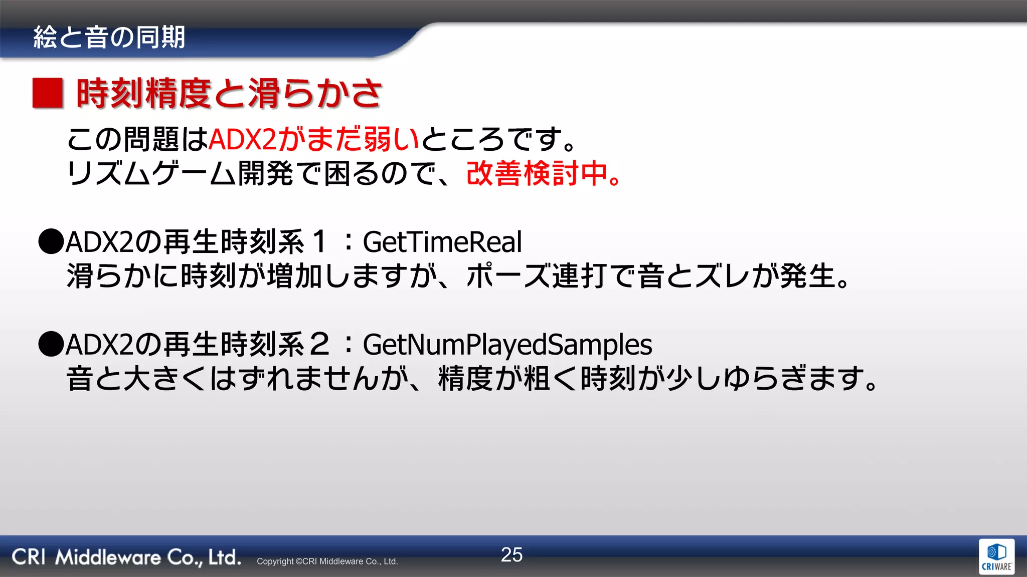 25Copyright ©CRI Middleware Co., Ltd.
ADX2
ADX2 GetTimeReal
ADX2 GetNumPlayedSamples
 