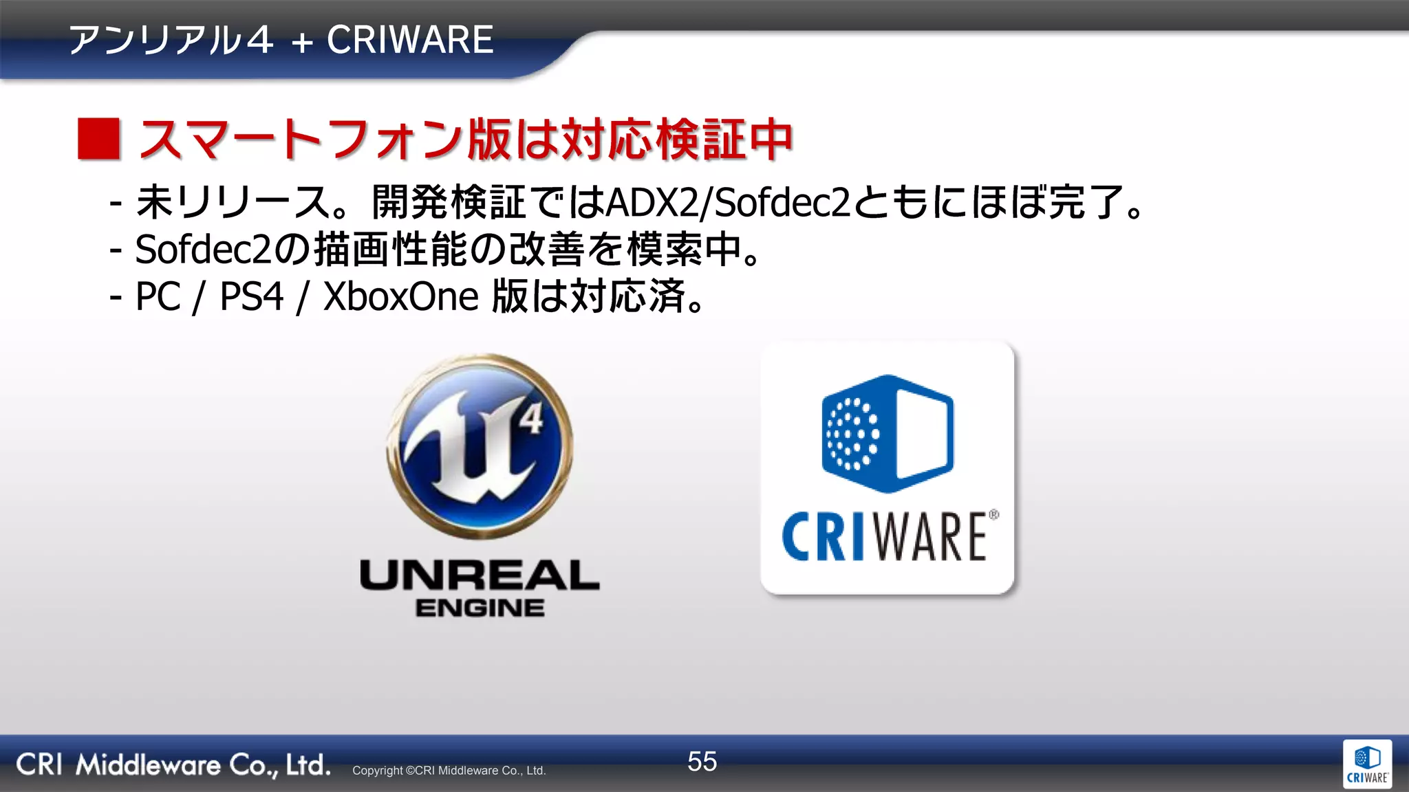 55Copyright ©CRI Middleware Co., Ltd.
- ADX2/Sofdec2
- Sofdec2
- PC / PS4 / XboxOne
 