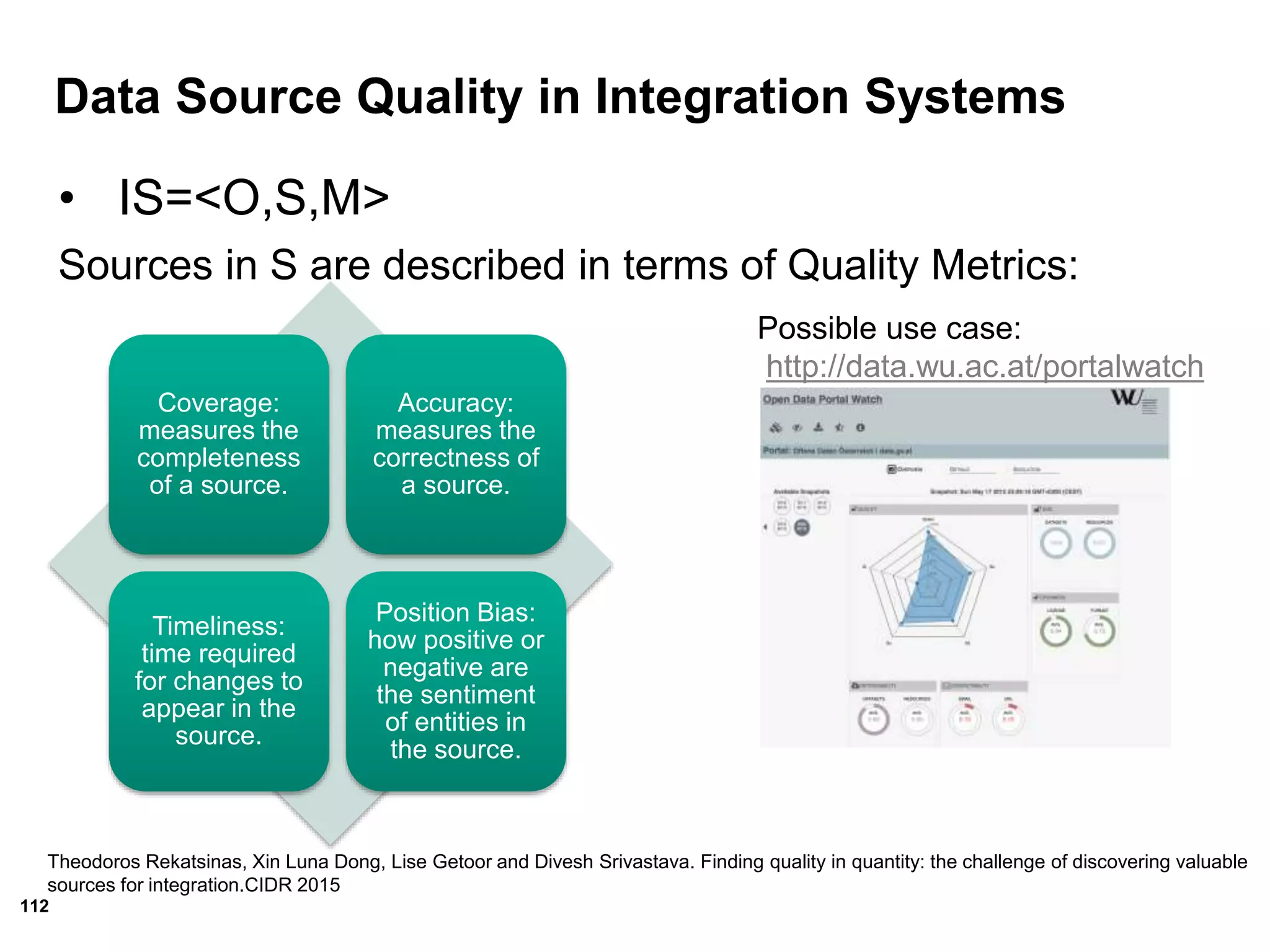 112
Data Source Quality in Integration Systems
• IS=<O,S,M>
Sources in S are described in terms of Quality Metrics:
Coverage:
measures the
completeness
of a source.
Accuracy:
measures the
correctness of
a source.
Timeliness:
time required
for changes to
appear in the
source.
Position Bias:
how positive or
negative are
the sentiment
of entities in
the source.
Theodoros Rekatsinas, Xin Luna Dong, Lise Getoor and Divesh Srivastava. Finding quality in quantity: the challenge of discovering valuable
sources for integration.CIDR 2015
Possible use case:
http://data.wu.ac.at/portalwatch
 