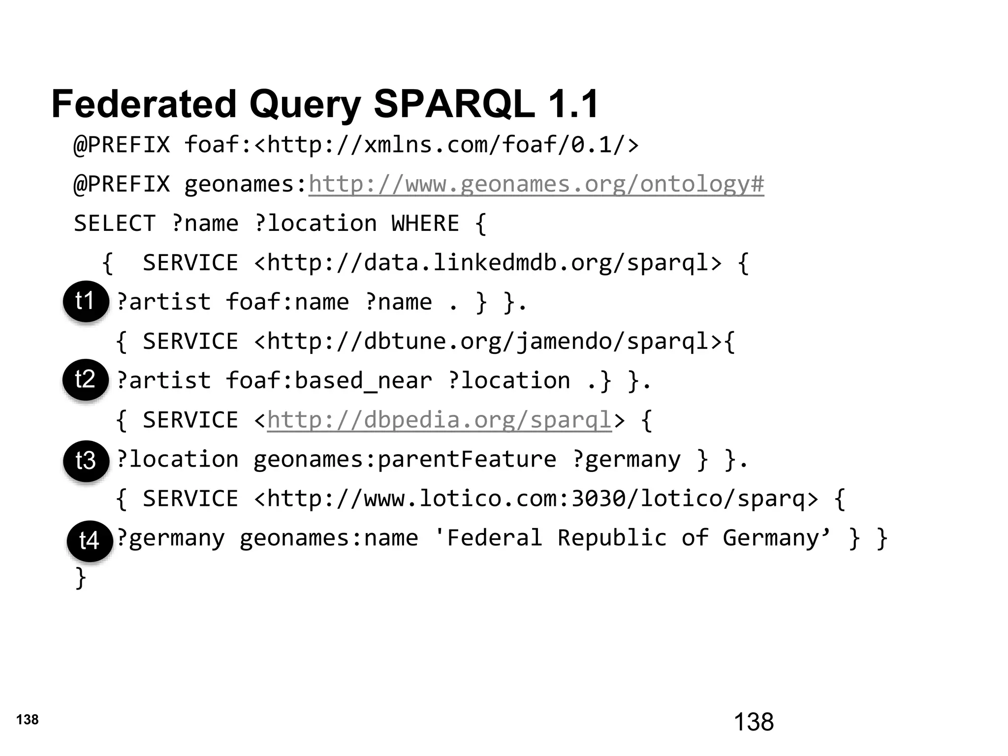 138
Federated Query SPARQL 1.1
138
@PREFIX foaf:<http://xmlns.com/foaf/0.1/>
@PREFIX geonames:http://www.geonames.org/ontology#
SELECT ?name ?location WHERE {
{ SERVICE <http://data.linkedmdb.org/sparql> {
?artist foaf:name ?name . } }.
{ SERVICE <http://dbtune.org/jamendo/sparql>{
?artist foaf:based_near ?location .} }.
{ SERVICE <http://dbpedia.org/sparql> {
?location geonames:parentFeature ?germany } }.
{ SERVICE <http://www.lotico.com:3030/lotico/sparq> {
?germany geonames:name 'Federal Republic of Germany’ } }
}
t3
t1
t2
t3
t4
 