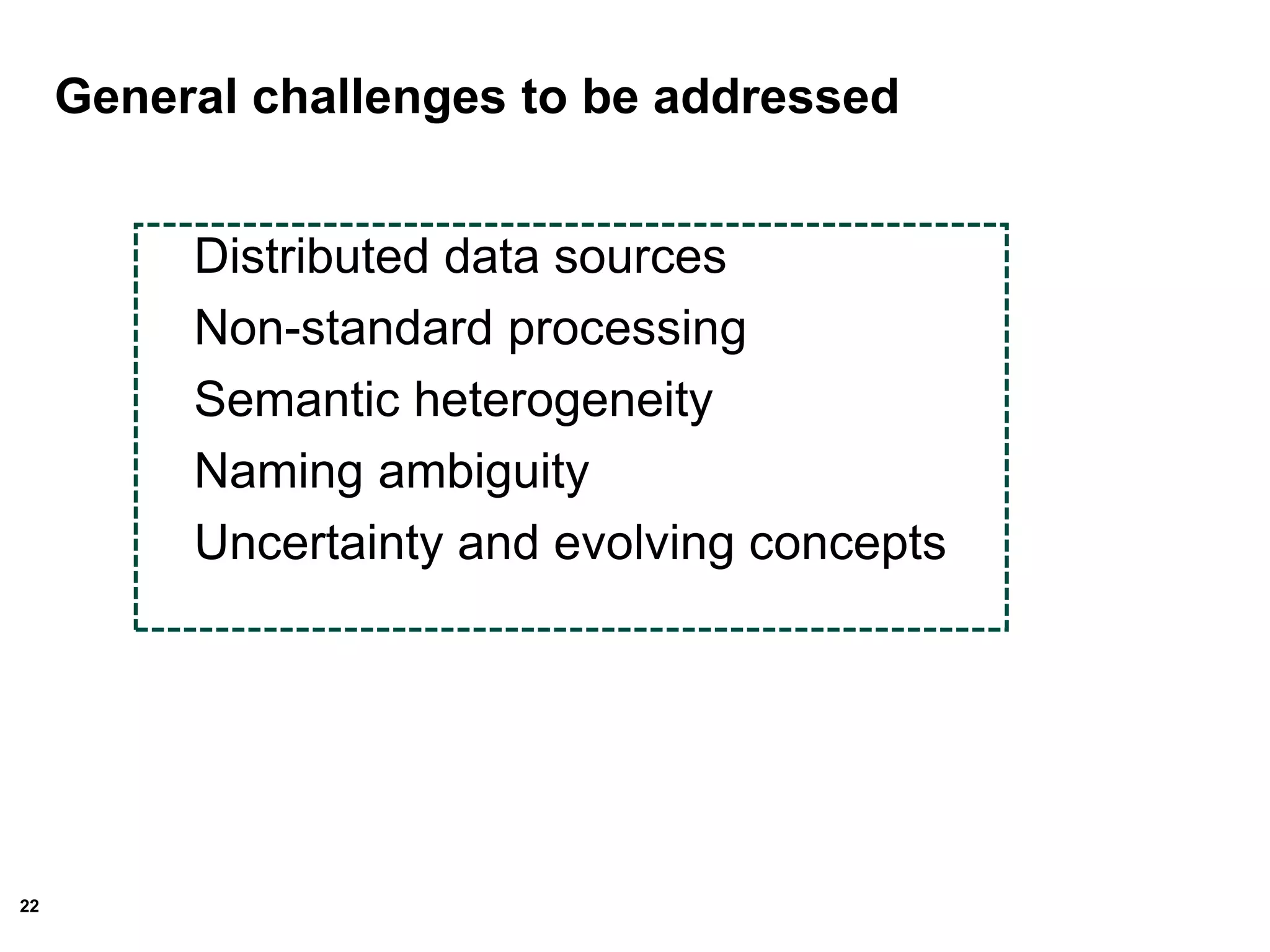 22
General challenges to be addressed
Distributed data sources
Non-standard processing
Semantic heterogeneity
Naming ambiguity
Uncertainty and evolving concepts
 