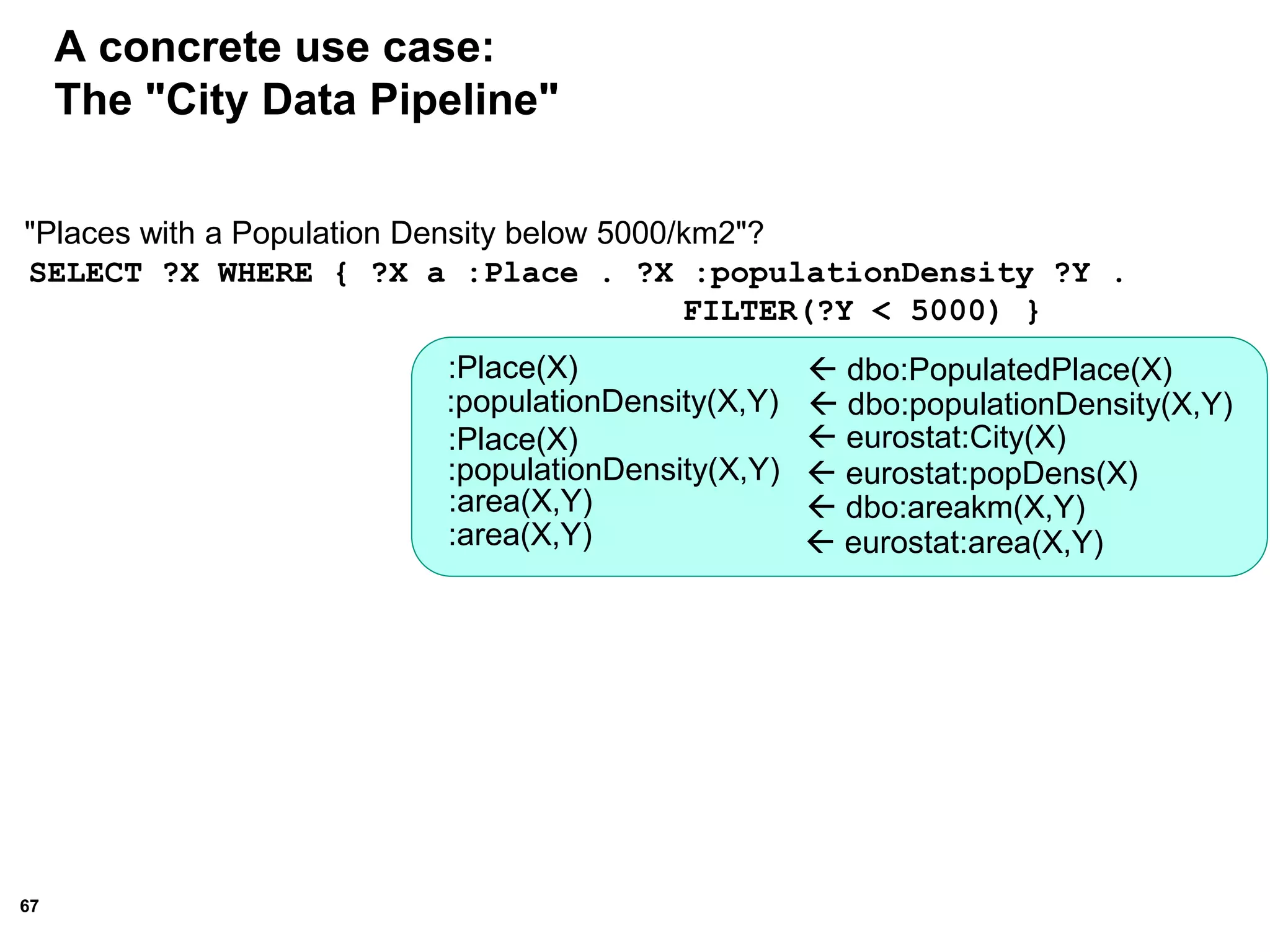 67
A concrete use case:
The "City Data Pipeline"
 dbo:areakm(X,Y):area(X,Y)
 eurostat:area(X,Y):area(X,Y)
 dbo:PopulatedPlace(X):Place(X)
 dbo:populationDensity(X,Y):populationDensity(X,Y)
 eurostat:City(X):Place(X)
 eurostat:popDens(X):populationDensity(X,Y)
"Places with a Population Density below 5000/km2"?
SELECT ?X WHERE { ?X a :Place . ?X :populationDensity ?Y .
FILTER(?Y < 5000) }
 