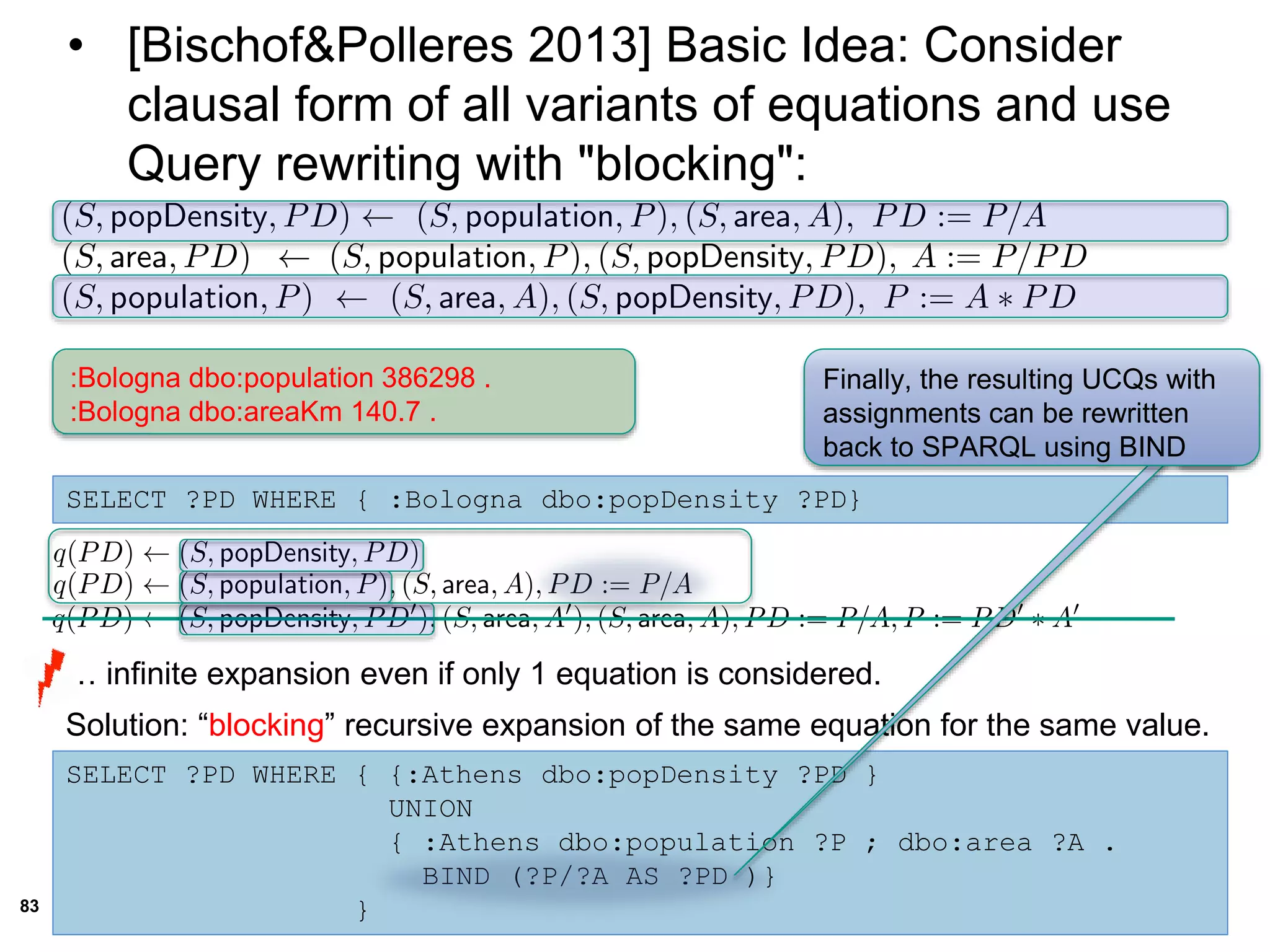 83
• [Bischof&Polleres 2013] Basic Idea: Consider
clausal form of all variants of equations and use
Query rewriting with "blocking":
:Bologna dbo:population 386298 .
:Bologna dbo:areaKm 140.7 .
SELECT ?PD WHERE { :Bologna dbo:popDensity ?PD}
… infinite expansion even if only 1 equation is considered.
Solution: “blocking” recursive expansion of the same equation for the same value.
SELECT ?PD WHERE { {:Athens dbo:popDensity ?PD }
UNION
{ :Athens dbo:population ?P ; dbo:area ?A .
BIND (?P/?A AS ?PD )}
}
Finally, the resulting UCQs with
assignments can be rewritten
back to SPARQL using BIND
 