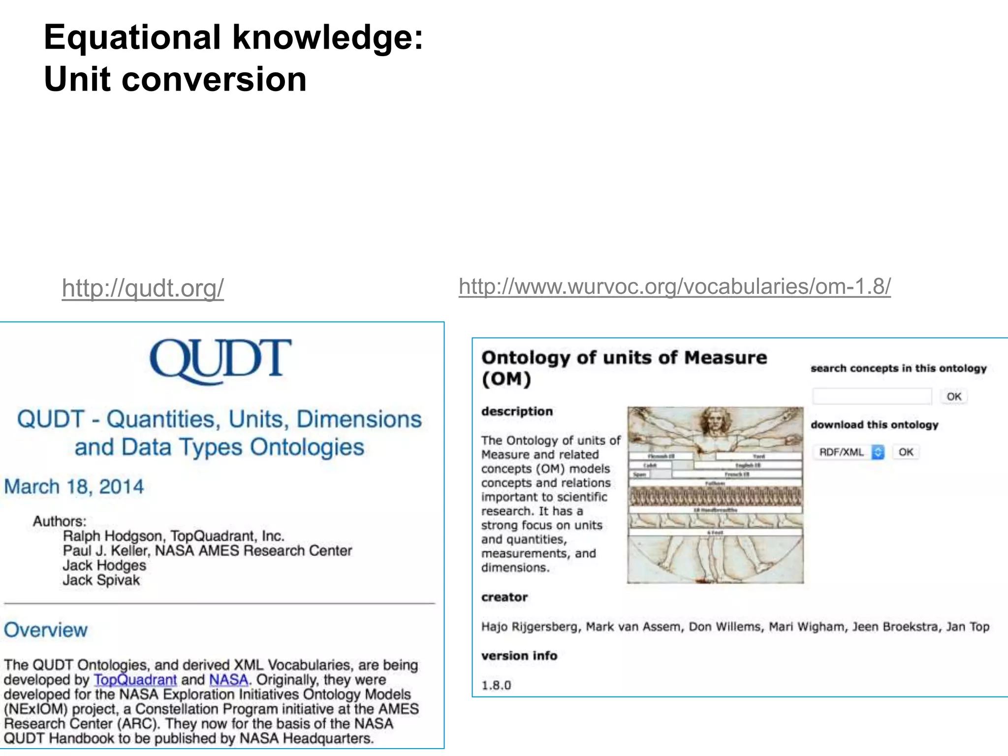 86
Equational knowledge:
Unit conversion
http://www.wurvoc.org/vocabularies/om-1.8/http://qudt.org/
 