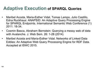 123
• Maribel Acosta, Maria-Esther Vidal, Tomas Lampo, Julio Castillo,
Edna Ruckhaus: ANAPSID: An Adaptive Query Processing Engine
for SPARQL Endpoints. International Semantic Web Conference (1)
2011: 18-34.
• Cosmin Basca, Abraham Bernstein: Querying a messy web of data
with Avalanche. J. Web Sem. 26: 1-28 (2014)
• Maribel Acosta and Maria-Esther Vidal. Networks of Linked Data
Eddies: An Adaptive Web Query Processing Engine for RDF Data.
Accepted at ISWC 2015.
Adaptive Execution of SPARQL Queries
 
