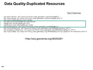 146
Data Quality-Duplicated Resources
<http://sws.geonames.org/3625428/>
 