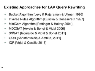 48
Existing Approaches for LAV Query Rewriting
 Bucket Algorithm [Levy & Rajaraman & Ullman 1996]
 Inverse Rules Algorithm [Duscka & Genesereth 1997]
 MiniCom Algorithm [Pottinger & Halevy 2001]
 MDCSAT [Arvelo & Bonet & Vidal 2006]
 SSSAT [Izquierdo & Vidal & Bonet 2011]
• GQR [Konstantinidis & Ambite, 2011]
 IQR [Vidal & Castillo 2015]
 
