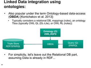 61
Linked Data integration using
ontologies:
• Also popular under the term Ontology-based data-access
(OBDA) [Kontchakov et al. 2013]:
• Typically conisders a relational DB, mappings (rules), an ontology
Tbox (typically OWL QL (DL-Lite), or OWL RL (rules))
• For simplicity, let's leave out the Relational DB part,
assuming Data is already in RDF...
Ontology (O)
OWL,RDFS
Query (Q)
SPARQL
OBDATriple Store
RDF/SPARQL
 