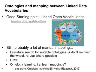 72
Ontologies and mapping between Linked Data
Vocabularies
• Good Starting point: Linked Open Vocabularies
http://lov.okfn.org/dataset/lov/
• Still, probably a lot of manual mapping...
• Literature search for suitable ontologies  don't re-invent
the wheel, re-use where possible
• Crawl
• Ontology learning, i.e. learn mappings?
• e.g. using Ontology matching [Shvaiko&Euzenat, 2013]
 