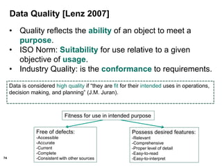 74
Data Quality [Lenz 2007]
• Quality reflects the ability of an object to meet a
purpose.
• ISO Norm: Suitability for use relative to a given
objective of usage.
• Industry Quality: is the conformance to requirements.
Data is considered high quality if “they are fit for their intended uses in operations,
decision making, and planning” (J.M. Juran).
Fitness for use in intended purpose
Free of defects:
-Accessible
-Accurate
-Current
-Complete
-Consistent with other sources
Possess desired features:
-Relevant
-Comprehensive
-Proper level of detail
-Easy-to-read
-Easy-to-interpret
 
