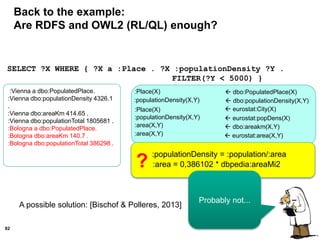 82
Back to the example:
Are RDFS and OWL2 (RL/QL) enough?
 dbo:areakm(X,Y):area(X,Y)
 eurostat:area(X,Y):area(X,Y)
 dbo:PopulatedPlace(X):Place(X)
 dbo:populationDensity(X,Y):populationDensity(X,Y)
 eurostat:City(X):Place(X)
 eurostat:popDens(X):populationDensity(X,Y)
:Vienna a dbo:PopulatedPlace.
:Vienna dbo:populationDensity 4326.1
.
:Vienna dbo:areaKm 414.65 .
:Vienna dbo:populationTotal 1805681 .
:Bologna a dbo:PopulatedPlace.
:Bologna dbo:areaKm 140.7 .
:Bologna dbo:populationTotal 386298 .
SELECT ?X WHERE { ?X a :Place . ?X :populationDensity ?Y .
FILTER(?Y < 5000) }
?
:populationDensity = :population/:area
:area = 0,386102 * dbpedia:areaMi2
Probably not...
A possible solution: [Bischof & Polleres, 2013]
 