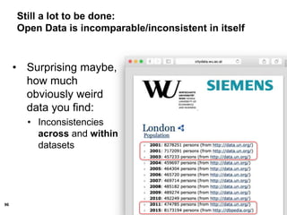 96
Still a lot to be done:
Open Data is incomparable/inconsistent in itself
• Surprising maybe,
how much
obviously weird
data you find:
• Inconsistencies
across and within
datasets
 