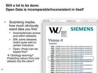 97
• Surprising maybe,
how much obviously
weird data you find:
• Inconsistencies across
and within datasets
• Still, some datasets
match quite well on
certain indicators
• Open: (How) can we
exploit this?
 Ontology learning?
Predicting values from one
dataset into the other?
Still a lot to be done:
Open Data is incomparable/inconsistent in itself
 