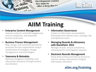 aiim.org/training
• Enterprise Content Management
Improve customer and staff engagement,
ensure compliance, and automate
business processes.
• Business Process Management
Map, design, and automate operational
processes for your organization using a
combination of strategies, change
management, and technologies.
• Taxonomy & Metadata
Optimize navigation, findability, and
information discovery through content
classification.
• Information Governance
Create an information accountability
framework that reduces costs, manages risk,
and optimizes value.
• Managing Records & eDiscovery
with SharePoint 2013
Manage records, ensure compliance,
and prepare for civil litigation requests.
• Electronic Records Management
Know what to keep and what to discard as
volume, variety, and velocity of digital
information intensifies.
AIIM Training
 