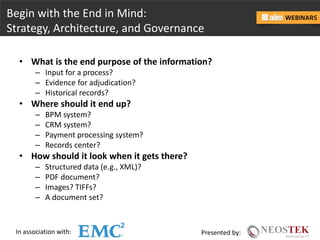 In association with: Presented by:
Begin with the End in Mind:
Strategy, Architecture, and Governance
• What is the end purpose of the information?
– Input for a process?
– Evidence for adjudication?
– Historical records?
• Where should it end up?
– BPM system?
– CRM system?
– Payment processing system?
– Records center?
• How should it look when it gets there?
– Structured data (e.g., XML)?
– PDF document?
– Images? TIFFs?
– A document set?
 