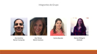 Ana Carolina
Nemer Comprido
Ana Tereza
Martin Santana
Carine Barcelo Denise Pellegrini
Andrade
Integrantes do Grupo
 